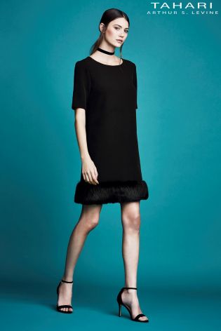 Tahari Faux Fur Trim Sleeve Dress